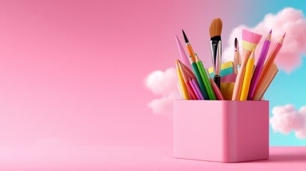 Fototapeta premium Colorful Art Supplies in Creative Workspace Setting