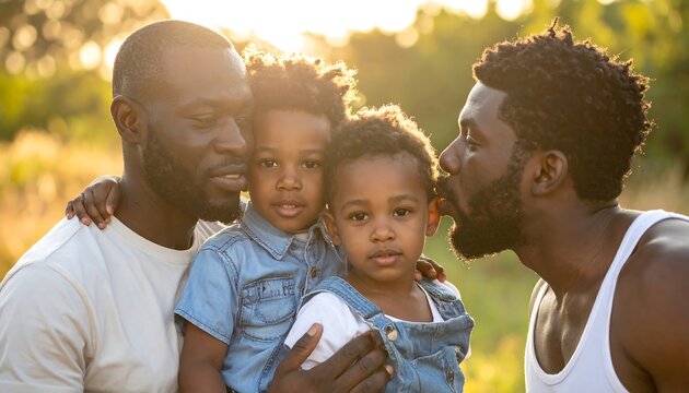 Two men embrace, holding two small children outside in warm sunlight, creating a tender family moment