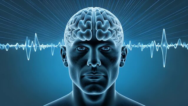 Abstract Visualization of Human Cognition with Male Silhouette and Neural Activity on an Azure Field