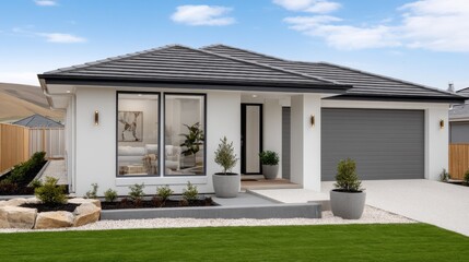 Fototapeta premium Modern house with gray roller shutters, garden, and driveway on sunny day in clear blue sky
