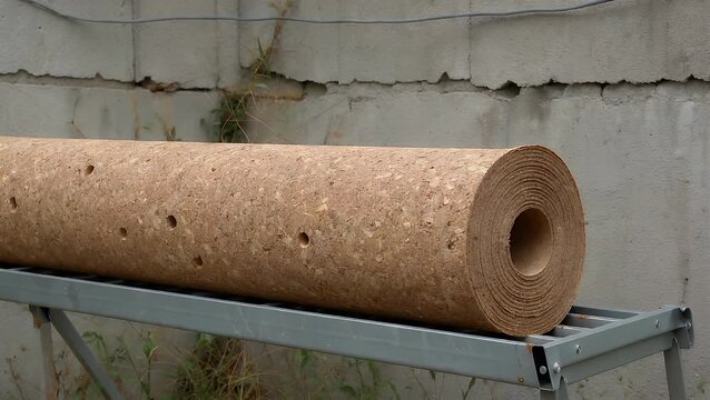 A cylindrical bundle of cork underlayment material, suitable for use as a textured backdrop or for surface applications.