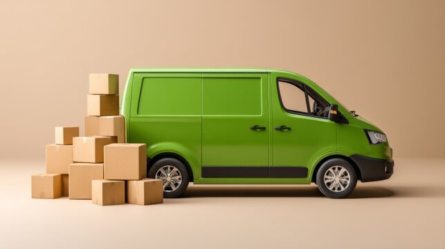 Sleek Green Cargo Van with Cardboard Boxes Nearby
