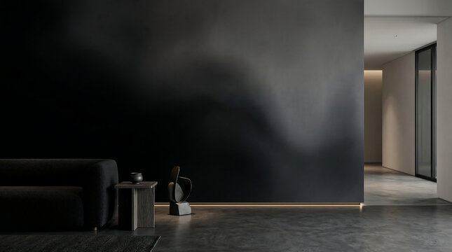 Modern minimalist dark room background with black wall and soft ambient lighting