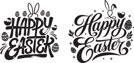 Happy Easter lettering typography set with bunny ears and decorated eggs black vector illustration © noorskills