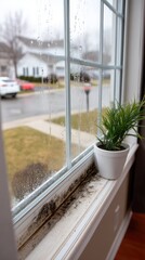 Water droplets on glass with moldy window sill in home interior and dirty trim near the floor showing a plant on a cloudy day