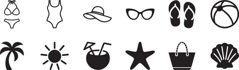 Beach bikini for women icon set. Summer swimwear outline symbols for fashion, travel and seaside themes. © MDSHAHIN