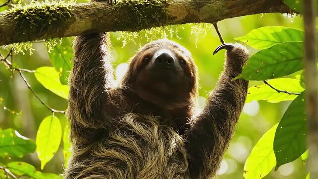 Slow three-toed sloth hanging from tropical rainforest tree branch, wildlife nature animal, Costa Rica jungle ecosystem, endangered species biodiversity
