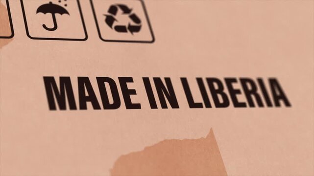 Made in LIBERIA Label on Cardboard Box, Animated LIBERIA Manufacturing Export Concept