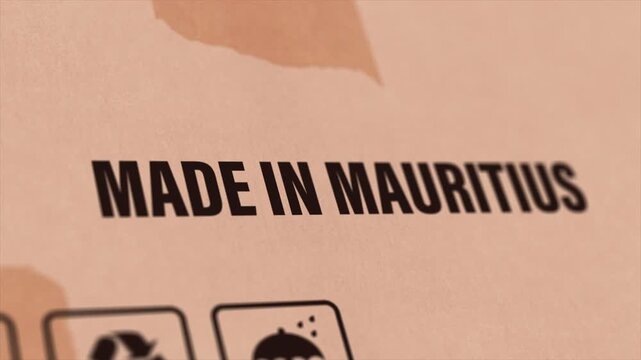 Made in MAURITIUS Label on Cardboard Box, Animated MAURITIUS Manufacturing Export Concept