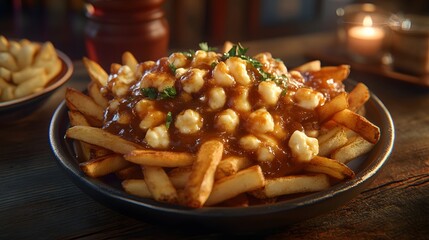 A hearty serving of poutine featuring golden crispy fries topped with rich gravy and cheese curds garnished with fresh herbs presented on a dark plate against a warm rustic wooden background with