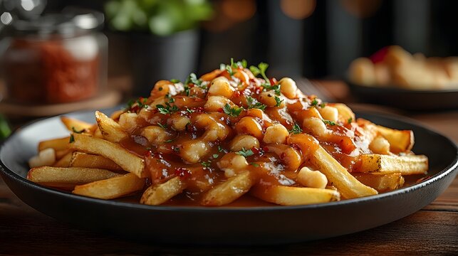 A generous serving of poutine featuring crispy golden fries topped with cheese curds and rich gravy garnished with fresh herbs presented on a dark plate against a rustic wooden background.