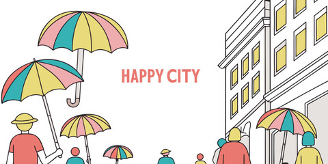 Obraz premium A vibrant street scene with people enjoying sunny weather under colorful umbrellas. Vector