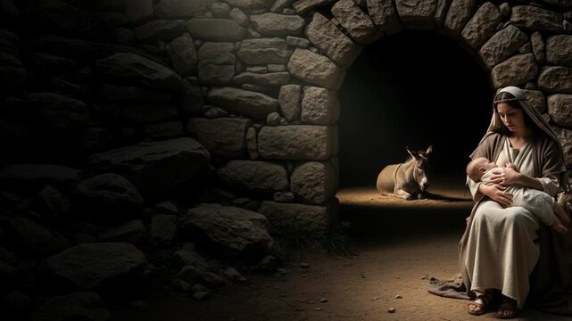 A woman cradles a baby in a stone stable while a donkey rests nearby, depicting a biblical nativity scene for religious celebration.