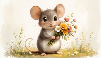 A cute mouse holds a bouquet of flowers in a grassy area. The mouse, with big ears, stands out in the vibrant scene filled with colorful blooms.