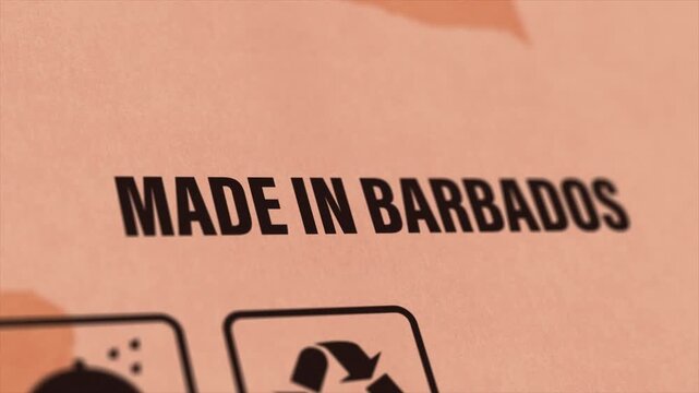 Made in BARBADOS Label on Cardboard Box, Animated BARBADOS Manufacturing Export Concept