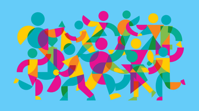 Abstract figures dancing and celebrating in a vibrant geometric pattern on a blue background