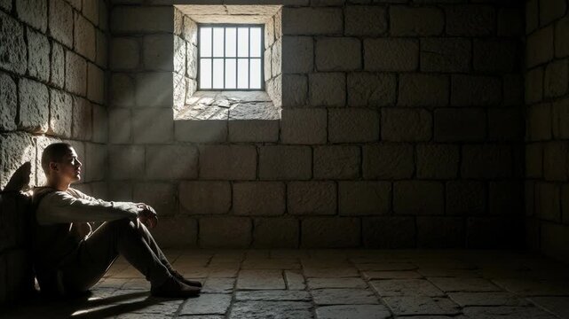 Man in dungeon cage contemplating hope and freedom, dramatic scene with light rays in a medieval prison cell, biblical narrative concept