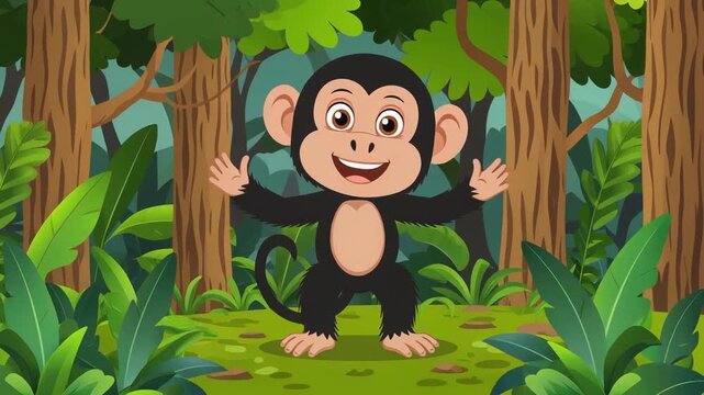 A cartoon-style illustration of a cheerful monkey standing upright in a lush green jungle. Ai