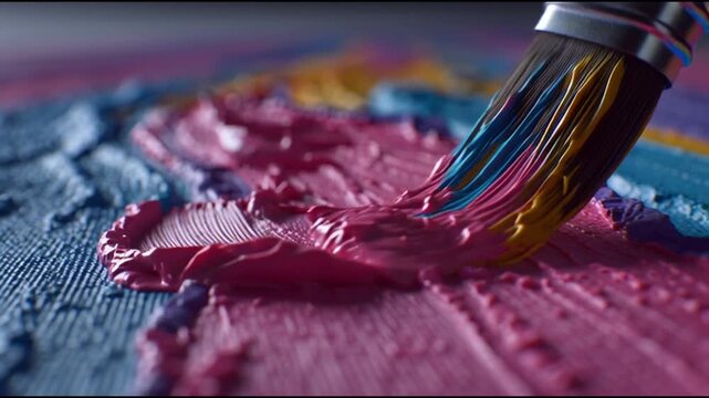A paintbrush with colorful bristles glides through textured, vibrant paints, creating art