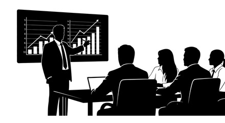 Business meeting presentation with charts and graphs on screen, team discussion