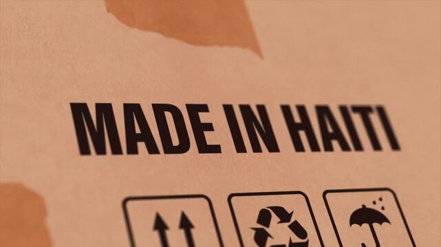 Made in HAITI Label on Cardboard Box, Animated HAITI Manufacturing Export Concept