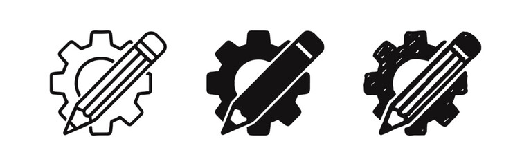Gear and pencil icon set in line, solid, and sketch styles. Engineering design and customization symbols vector. © ICONS FOR YOU