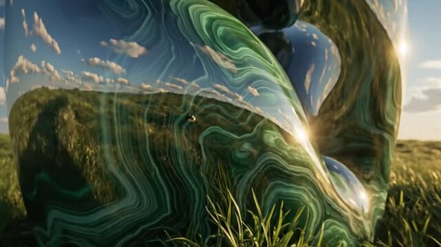 Abstract translucent sculptural artwork of malachite-like material and landscape reflecting sunlight on the field