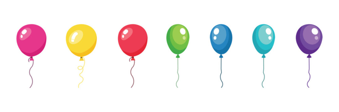 Bright colorful balloon set with curly ribbon strings birthday party celebration decoration vector.