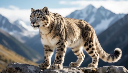 Obraz premium A snow leopard stands on a rocky surface with mountains in the background. The snow leopard's fur is spotted, and its eyes are keenly observing the serene environment.