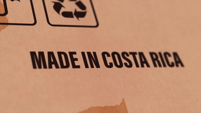 Made in COSTA RICA Label on Cardboard Box, Animated COSTA RICA Manufacturing Export Concept