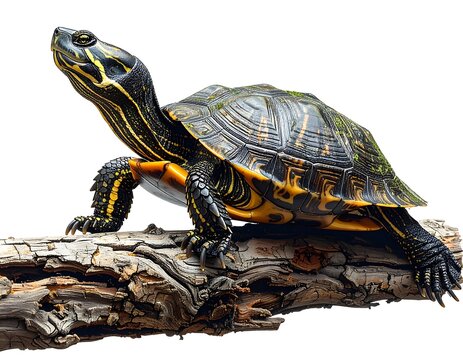 Turtle sits regally on a weathered branch, showcasing its striped neck and patterned shell, against a white backdrop