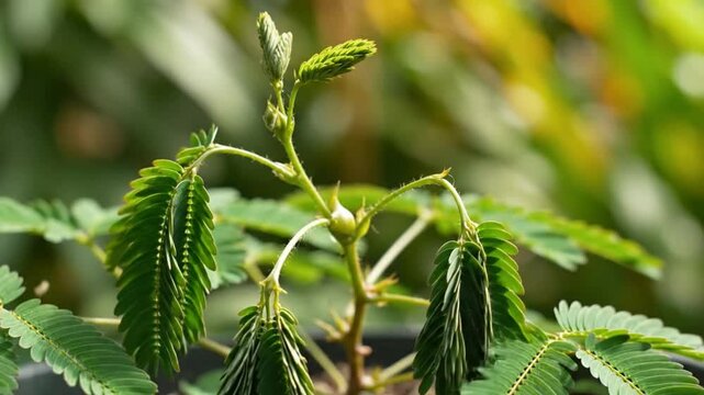 Sensitive plant showing its unique defense mechanism, with leaves folding inward when touched by a finger to protect from harm