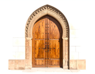 Naklejka premium Ornate wooden double doors beneath arched stonework