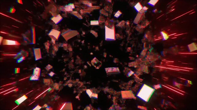 Futuristic looping red sparks exploding sharp glitch shards broken pixel trails seamless surreal ambience cascading softly abstract cinematic loop