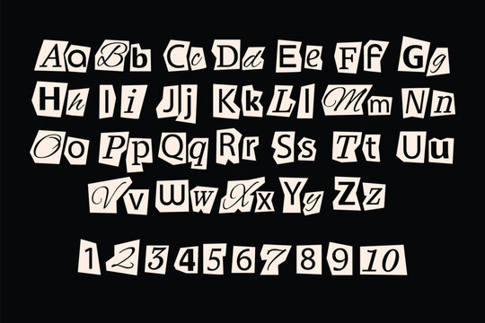 Monochrome ransom note letters and numbers set. Black and white newspaper collage typography cutout style for posters, editorial design and creative layouts