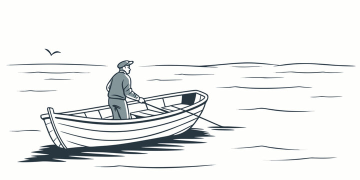 A man in a small boat on a calm body of water with a bird flying overhead Vector