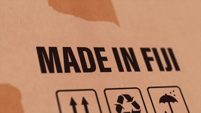 Made in FIJI Label on Cardboard Box, Animated FIJI Manufacturing Export Concept