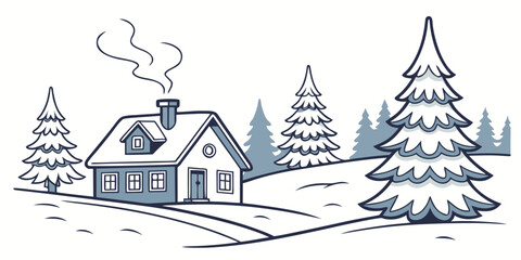 A serene winter scene with a reindeer and charming houses under the snow Vector © rabby