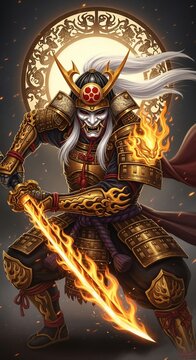 Samurai warrior with flaming sword armor.