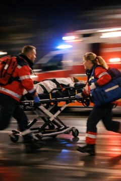 Two paramedics push a patient on a stretcher past a moving ambulance at night. The motion blur conveys urgency and life saving action. Perfect for healthcare news or emergency service articles.