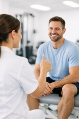 Obraz premium Female physiotherapist shows thumbs up to a smiling male patient in a rehab clinic. Positive atmosphere of recovery and health. Useful for medical, fitness, and physical therapy content.