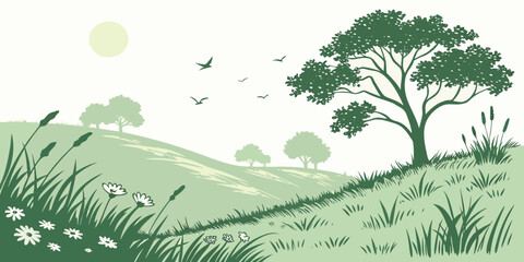 A serene landscape with a large tree standing tall on a lush green hillside Vector © rabby