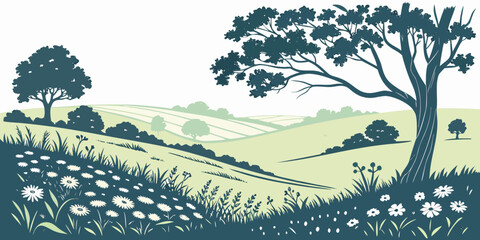 A serene landscape with rolling hills and a solitary tree in the distance Vector © rabby