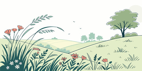 A serene landscape with tall grass, trees, and a clear blue sky. Vector © rabby
