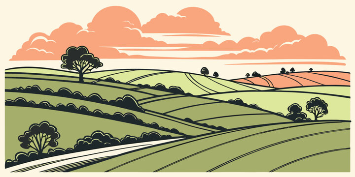 A serene landscape of rolling hills and a clear blue sky with scattered clouds Vector