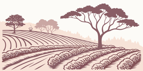 A serene landscape featuring a vast field with rows of crops and distant trees Vector © rabby