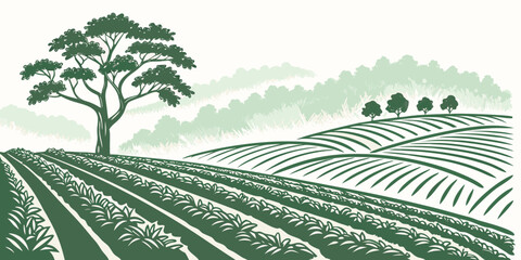 A serene landscape of rolling hills and lush trees under a clear blue sky Vector © rabby