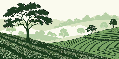 A serene landscape of rolling hills covered in lush green grass and dotted with trees Vector © rabby