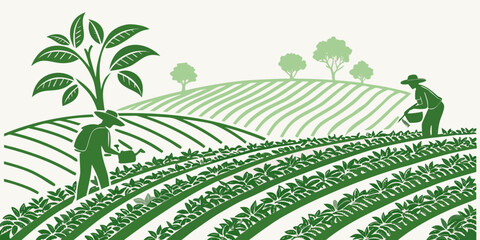 A serene landscape of rolling hills and lush greenery under a clear blue sky Vector © rabby