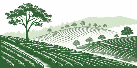 A serene landscape with a winding path through lush green fields and distant trees Vector © rabby